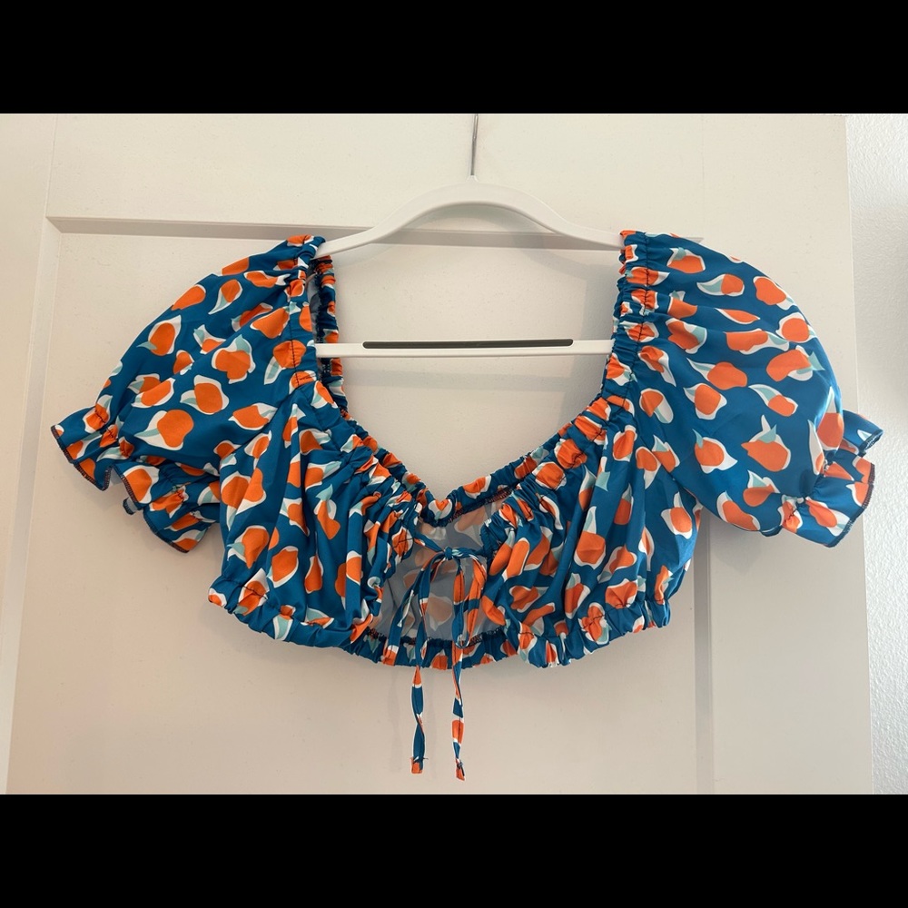 Blue, Orange, and White Tie Front Crop Top